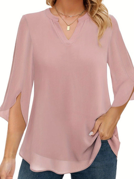 V-Neck Chiffon Blouse – 3/4 Split Sleeve