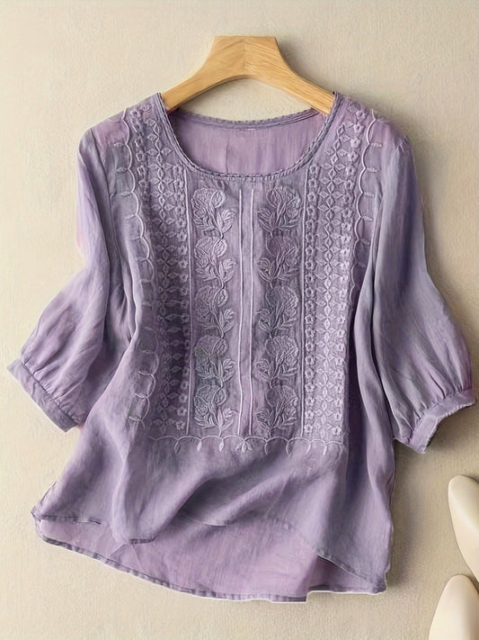 Women's Casual Cotton Linen Summer Floral Embroidered Tops