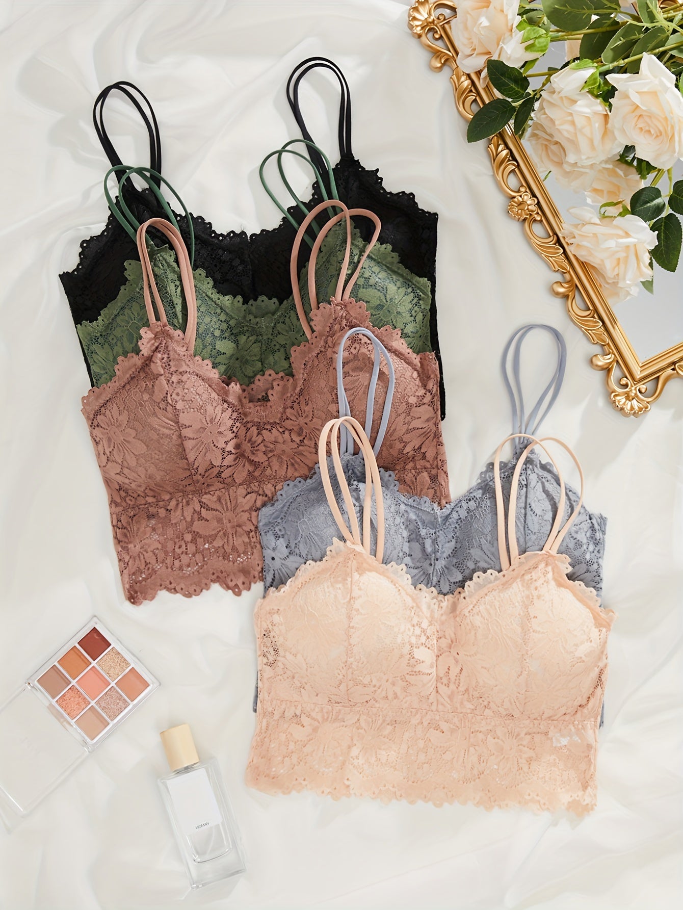 Elevate your lingerie game with our 5pcs Solid Floral Lace Wireless Cami Bra set